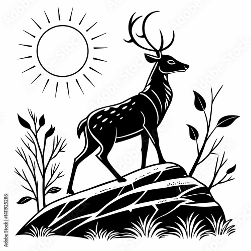 A vector whitetail deer standing on the hill or stone under a pine tree
