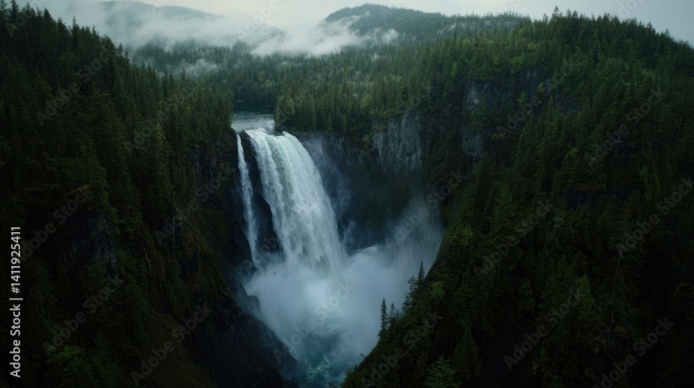 Fototapeta premium Majestic waterfall cascading into lush rainforest valley