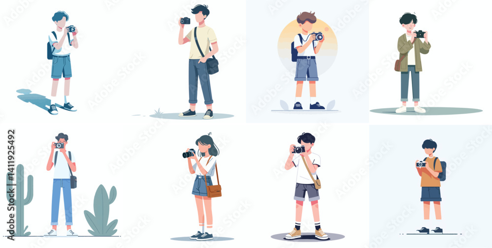 Vector of a teenager holding a camera and taking a photo Vector of a teenager holding a camera and taking a photo