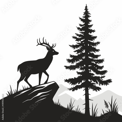 A vector whitetail deer standing on the hill or stone under a pine tree