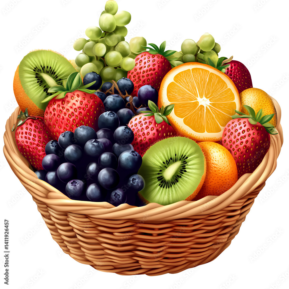 Fruit basket with strawberries, blueberries, and black muscat grapes, kiwi fruit, and oranges, on a transparent background Fruit basket with strawberries, blueberries, and black muscat grapes, kiwi fruit, and oranges, on a transparent background