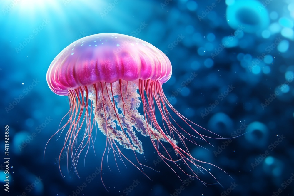 A cosmic jellyfish (Scyphozoa) floating through space, its tendrils glowing with interstellar energy A cosmic jellyfish (Scyphozoa) floating through space, its tendrils glowing with interstellar energy