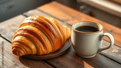 Rustic Morning Indulgence Flaky Croissant with Steaming Black Coffee
