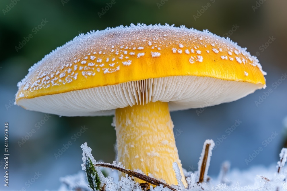 Fototapeta premium A decaying mushroom covered in frost on a crisp autumn morning