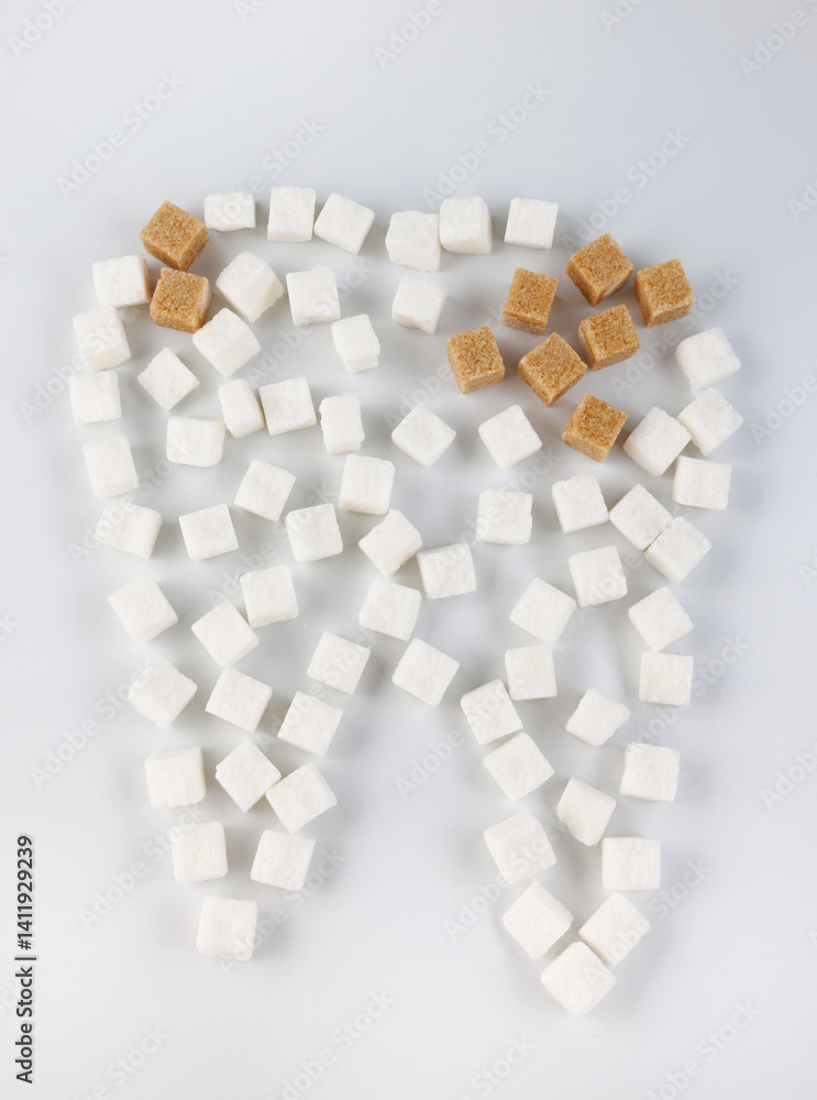 A tooth with caries, laid out from pieces of white and brown sugar. A tooth with caries, laid out from pieces of white and brown sugar.