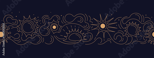 Sun, cloud seamless line pattern Skyline, art wave