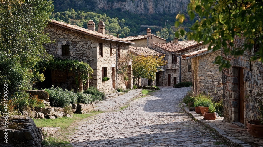 A scenic village with stone buildings and a cobbled street A scenic village with stone buildings and a cobbled street