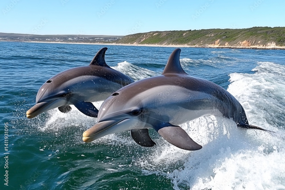 Fototapeta premium A group of dolphins (Cetacea) leaping through ocean waves, playing under the golden sunset