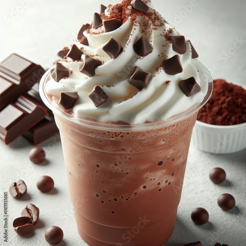 Decadent chocolate frozen coffee drink topped whipped cream chocolate chips on white. Mocha frappuccino in plastic cup.