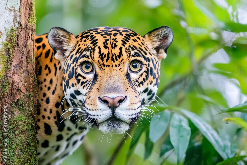 Fototapeta premium A jaguar (Carnivora) emerging from the dense Amazonian jungle, its piercing yellow eyes locked onto its prey