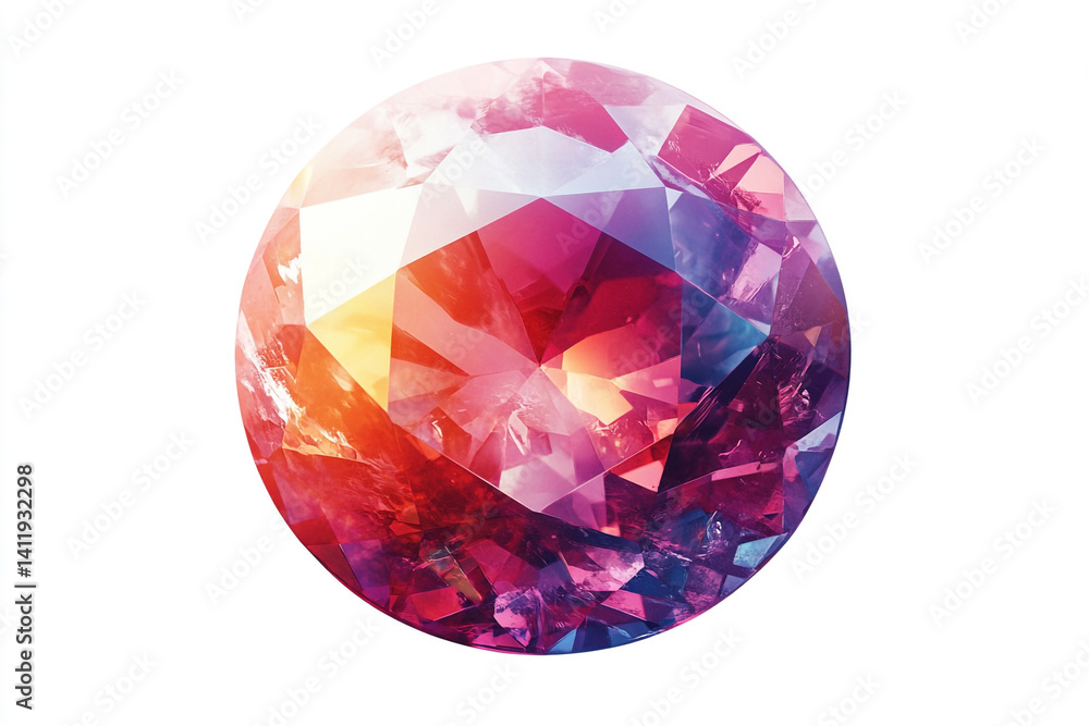A vibrant oval gemstone with red pink and purple hues shows intricate facets and a brilliant shine on a white background A vibrant oval gemstone with red pink and purple hues shows intricate facets and a brilliant shine on a white background