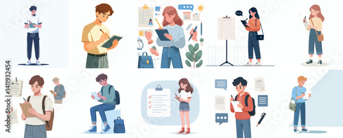 Vector flat design white background. Cartoon Characters Taking Notes or Writing
