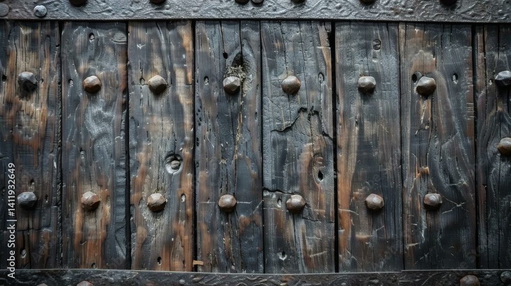 Aged oak wood planks form a robust and time-worn door, adorned with old-fashioned wrought iron and rustic metal studs Aged oak wood planks form a robust and time-worn door, adorned with old-fashioned wrought iron and rustic metal studs