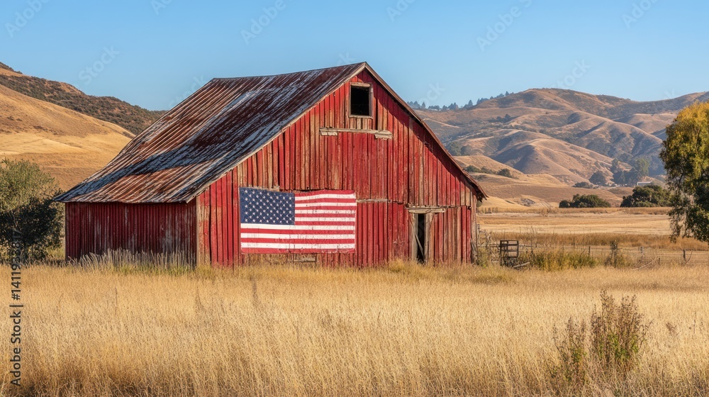 American rural charm: weathered barn with national flag amidst golden fields American rural charm: weathered barn with national flag amidst golden fields