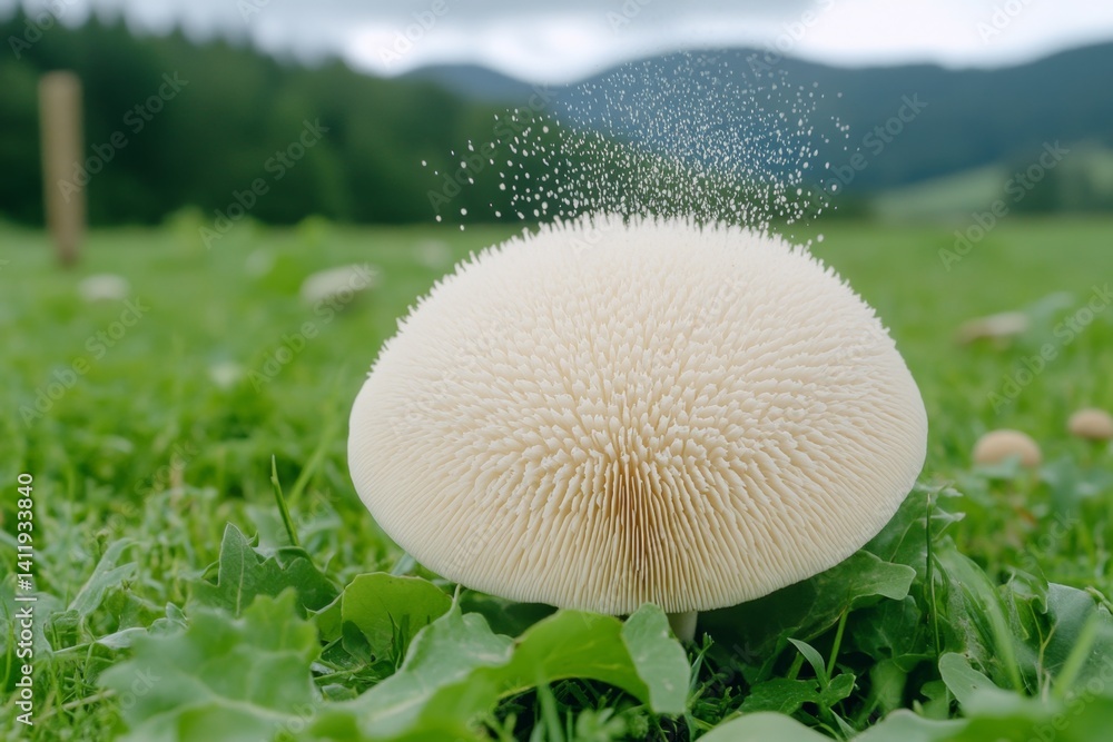 A massive puffball mushroom releasing a cloud of spores into the air