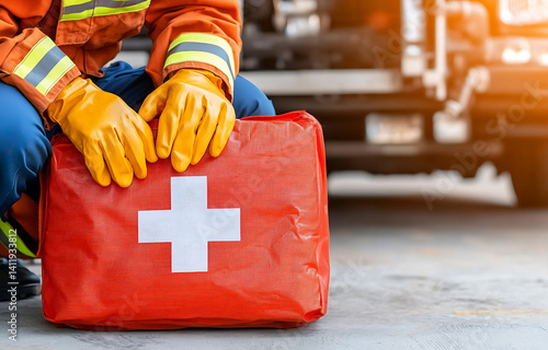 Emergency medical response training urban environment first aid kit safety equipment close-up view health awareness