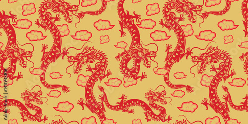 Pattern seamless illustration Traditional Red Chinese Dragon Surrounded by Clouds – Symbol of Power and Good Fortune. PRO VECTOR DESIGN