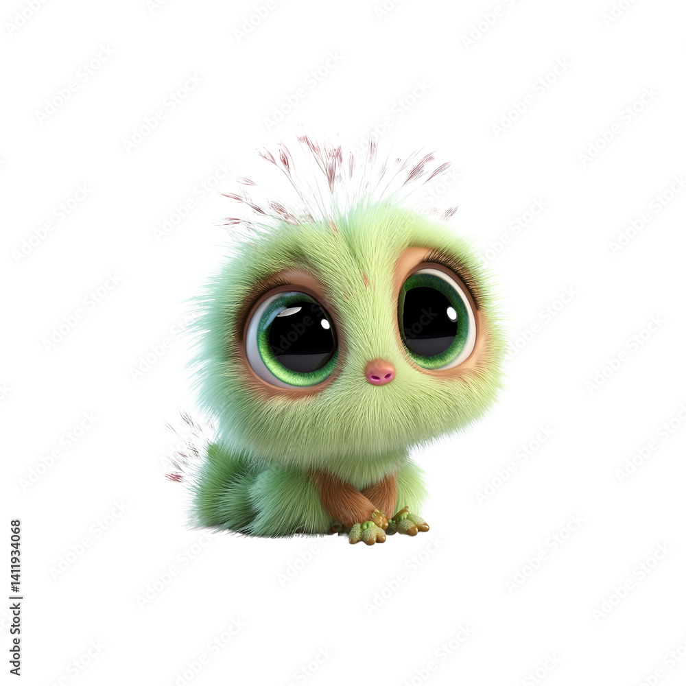 Adorable Green Fuzzy Creature with Big Eyes - Cute Cartoon Animal Character Adorable Green Fuzzy Creature with Big Eyes - Cute Cartoon Animal Character