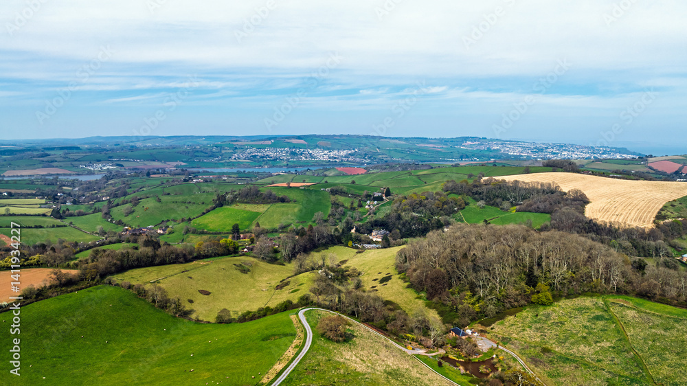 Farms and Fields over Newton Abbot from a drone, Devon, England Farms and Fields over Newton Abbot from a drone, Devon, England