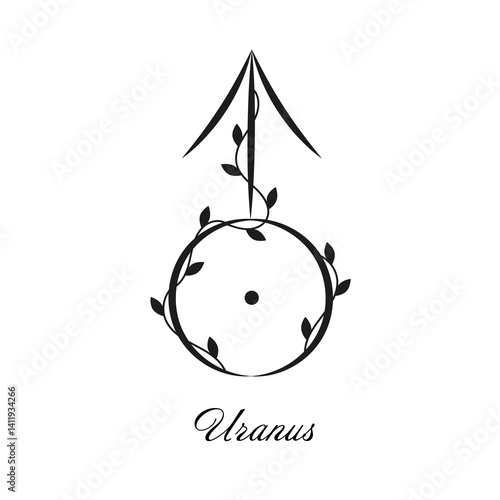 Uranus planet astrological and astronomy sign with black branches and leaves. Vector symbol with botanical decoration on white background