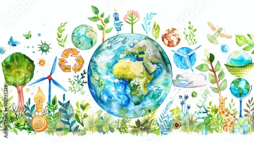 Watercolor Earth Day illustration symbolizing environmental sustainability and conservation, featuring renewable energy and ecolog
