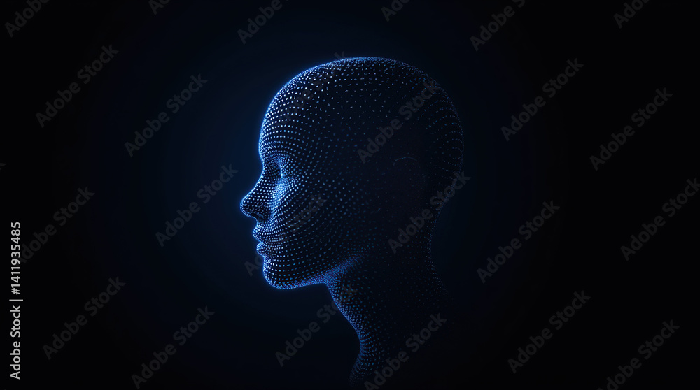 Obraz premium AI technology concept with a human head shape formed by blue light dots and lines on a black background, symbolizing digital communication and innovation.