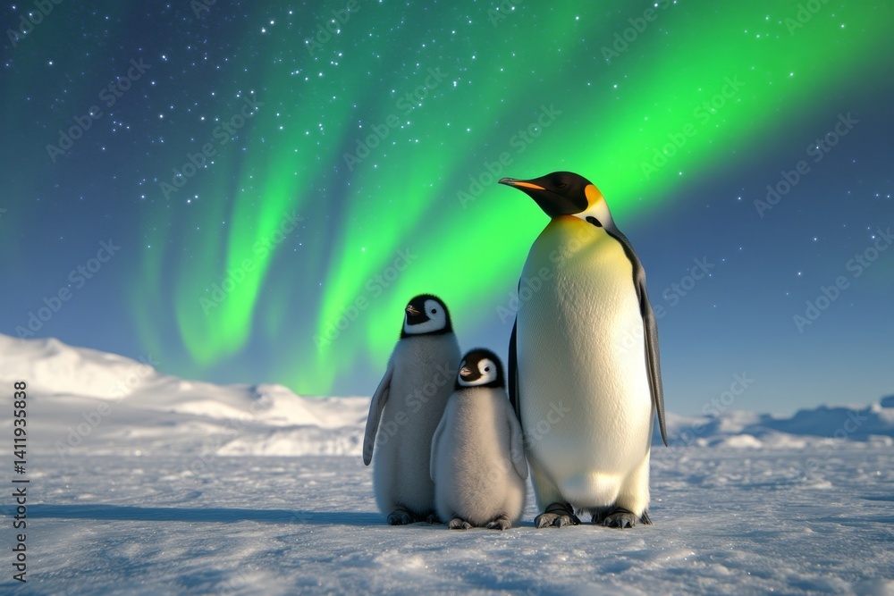 Fototapeta premium A penguin family silhouetted against the aurora borealis, standing on the frozen tundra