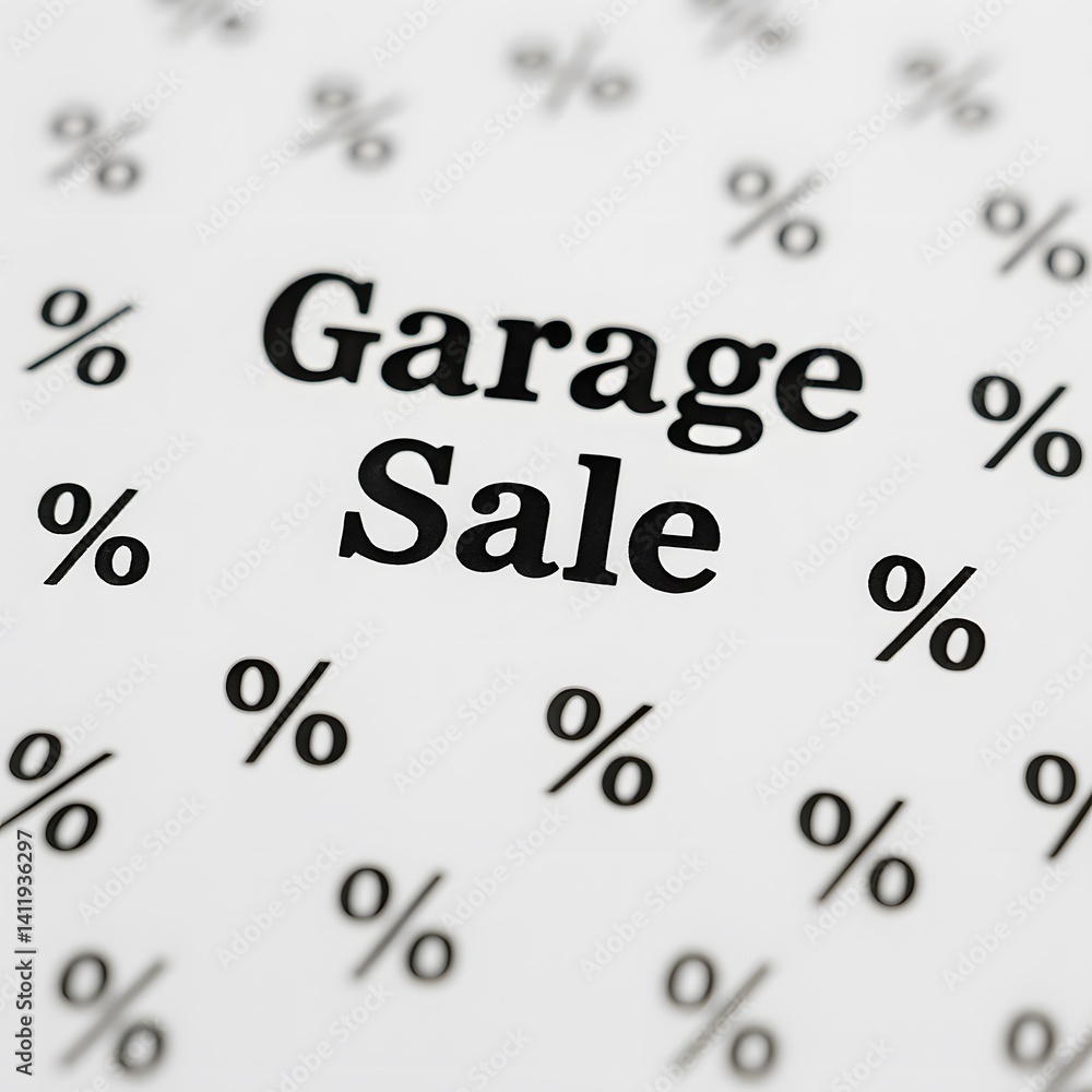 Garage Sale flyer with bold black text and scattered percentage signs on a white background, selective focus, discount concept Garage Sale flyer with bold black text and scattered percentage signs on a white background, selective focus, discount concept