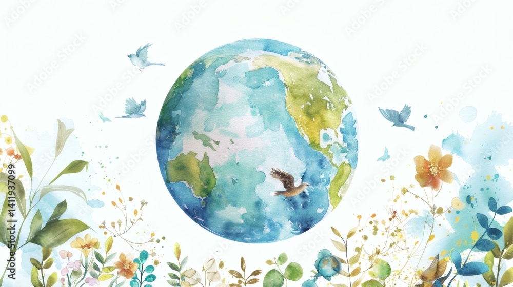 Naklejka premium Watercolor Earth surrounded by birds and flowers for a peaceful Earth Day illustration, promoting environmental awareness, painted