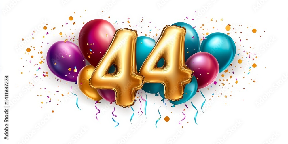 Golden Number 44 Metallic Foil Balloons Celebration Background With Colorful Balloons And Confetti