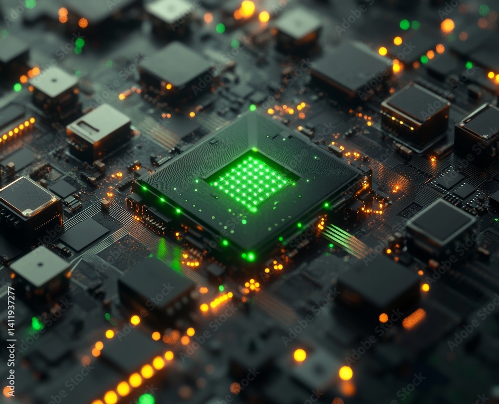 High-tech processor on circuit board. Illuminated components High-tech processor on circuit board. Illuminated components