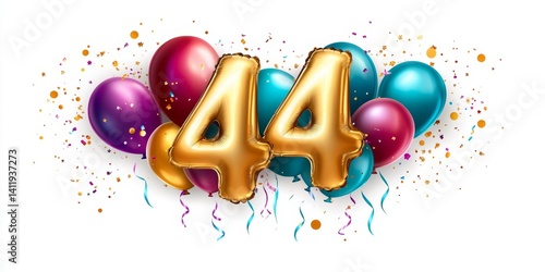 Obraz na płótnie Golden Number 44 Metallic Foil Balloons Celebration Background With Colorful Balloons And Confetti w salonie