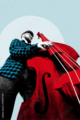 Photography Bearded man in checkered shirt passionately playing upright bass with oversized red body and blue tones in stylized art collage