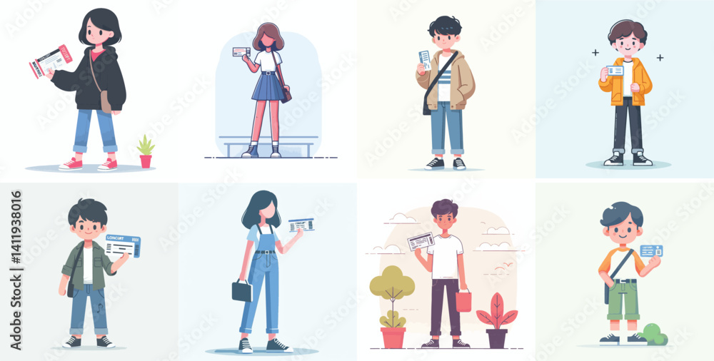 Vector flat design white background. Cartoon Characters Holding Tickets or Passes
Vector flat design white background. Cartoon Characters Holding Tickets or Passes