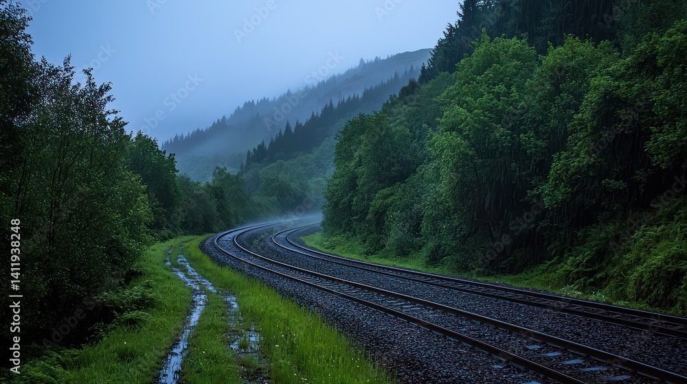 Fototapeta premium Misty mountain railway tracks winding through lush forest at dawn
