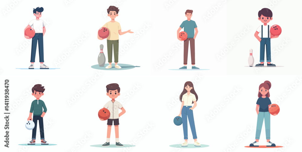 Vector flat design white background. Cartoon Characters with Bowling Balls and Pins
Vector flat design white background. Cartoon Characters with Bowling Balls and Pins