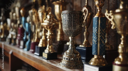 A row of trophies of varying sizes and shapes, on a shelf - shadow wood shiny accolades
