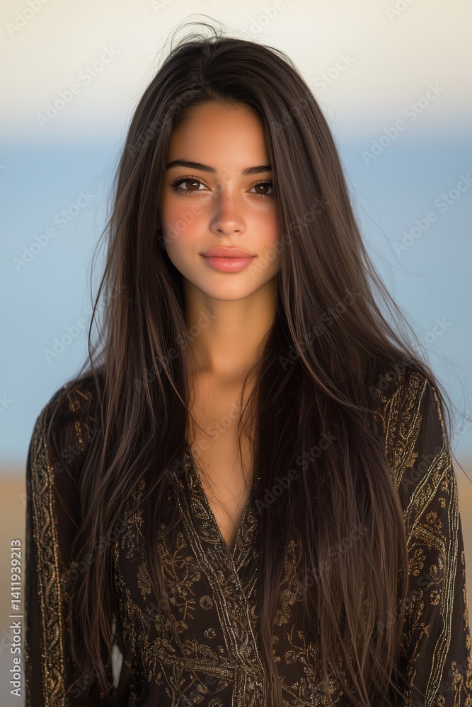 Fototapeta premium Beautiful Indian and Japanese young woman with flawless features and long silky hair