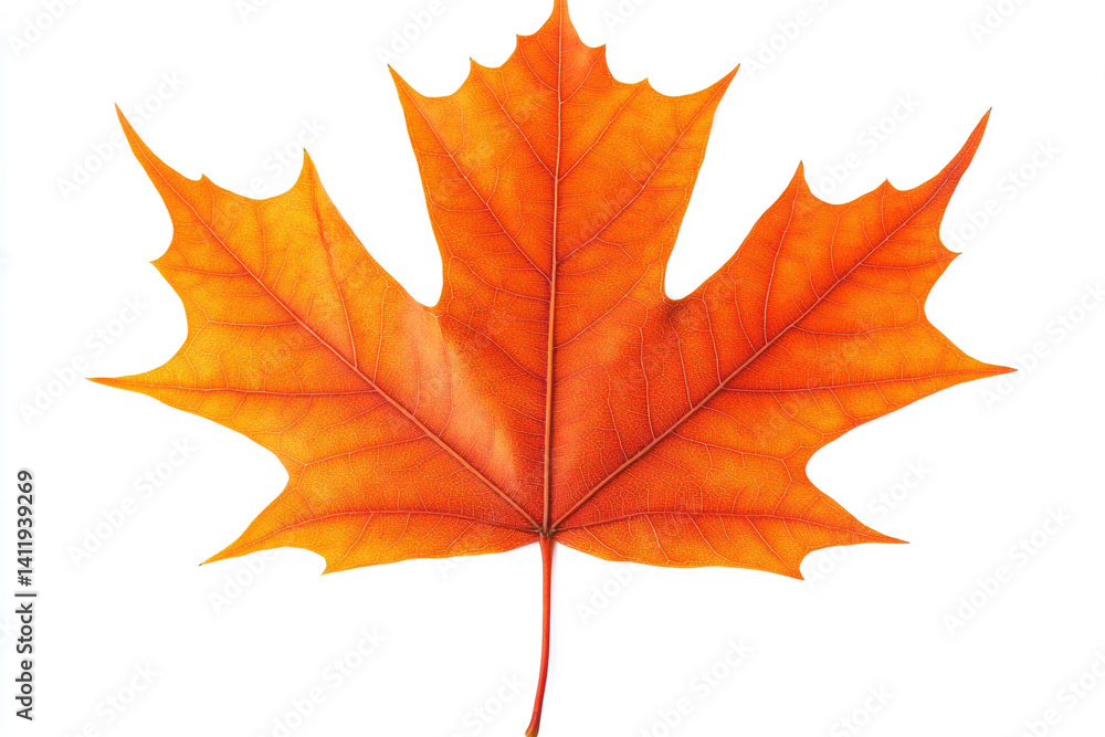 Obraz premium A single orange maple leaf isolated on white background showcasing autumn colors and leaf details