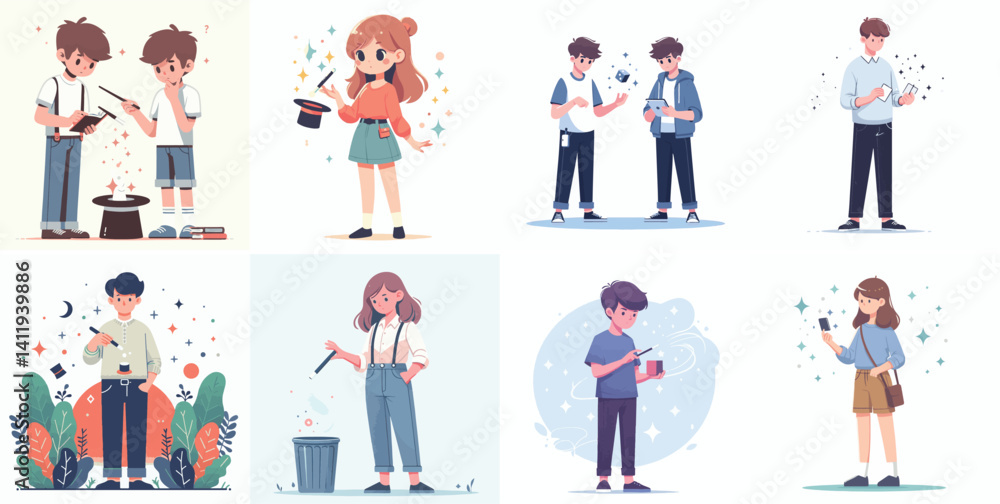 Vector flat design white background. Cartoon Characters Performing Magic or Using Wands
Vector flat design white background. Cartoon Characters Performing Magic or Using Wands