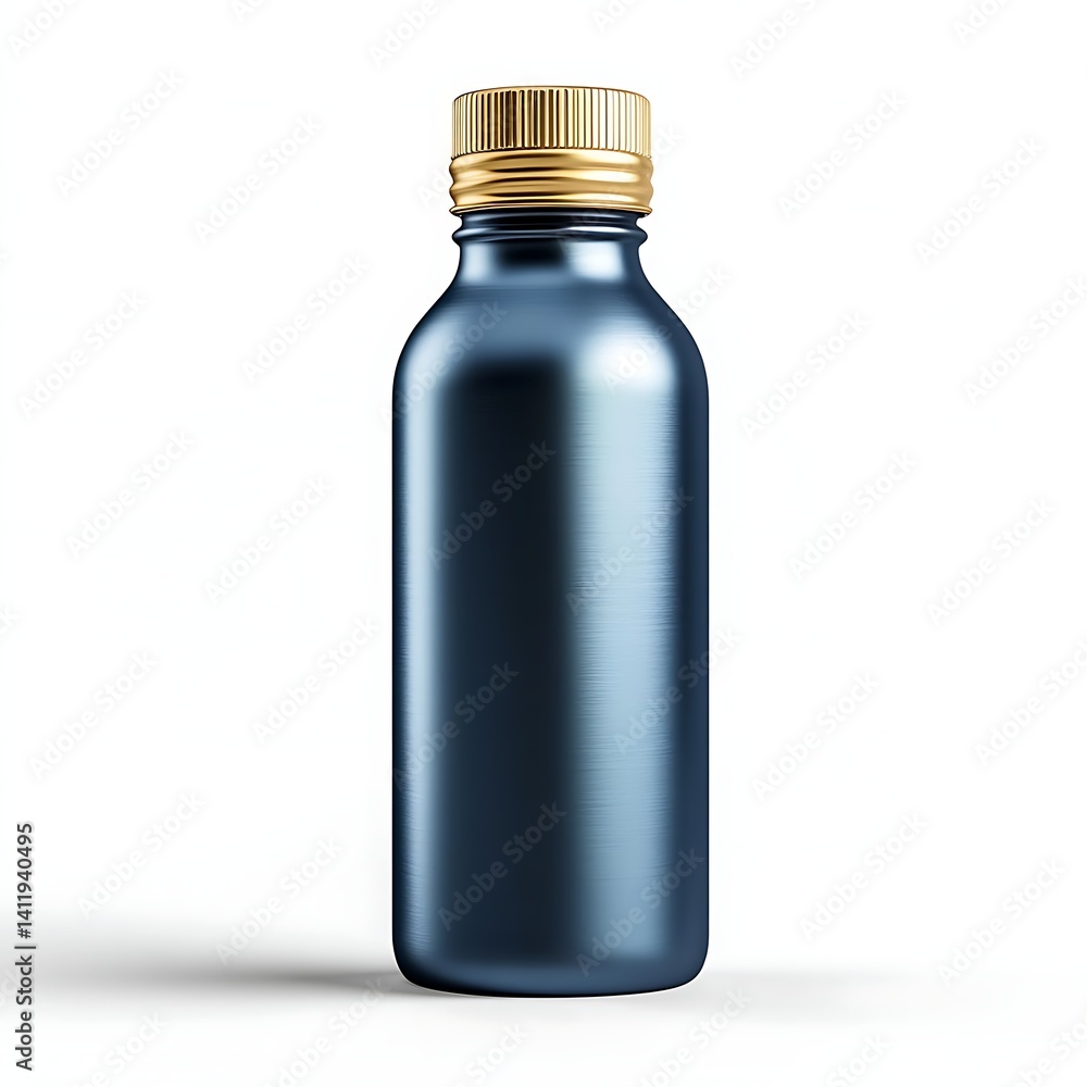 Blue color, water bottle with a golden cap, floating in the air, white background Blue color, water bottle with a golden cap, floating in the air, white background