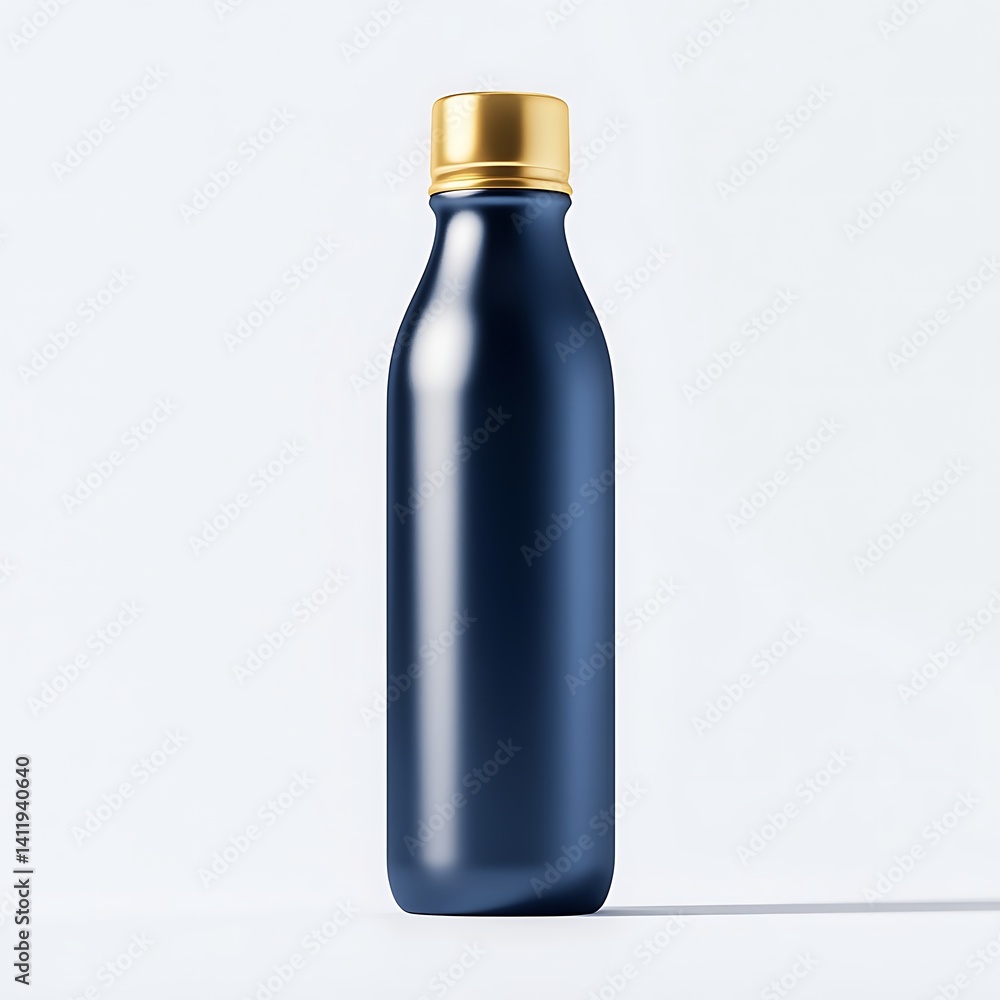 Blue color, water bottle with a golden cap, floating in the air, white background Blue color, water bottle with a golden cap, floating in the air, white background