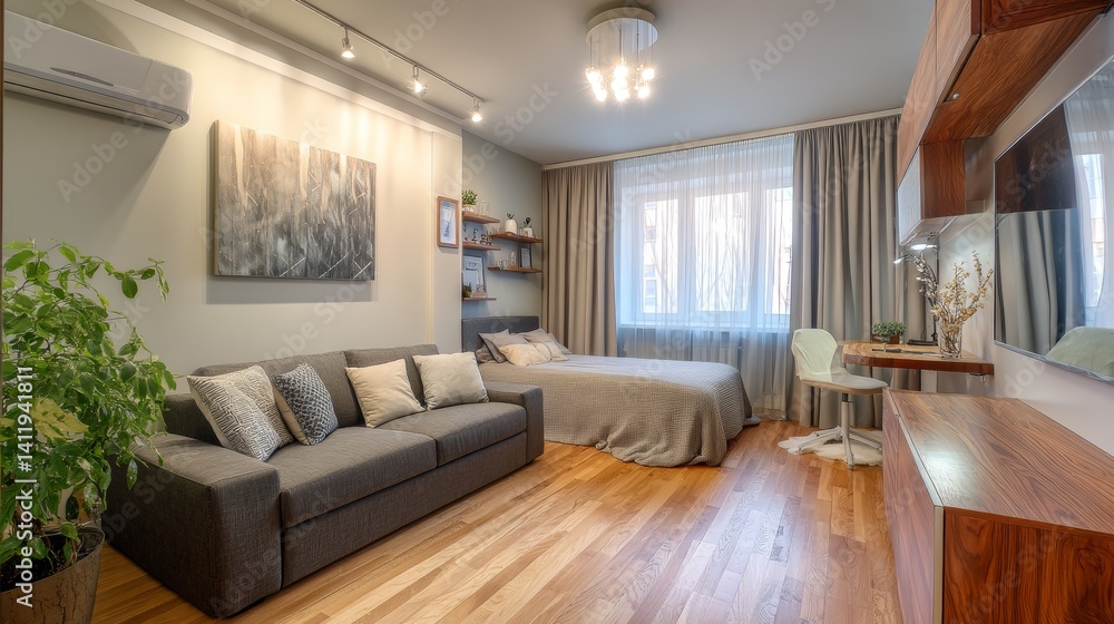 Fototapeta premium interior design. interior photography of an apartment for rent. One-room apartment with a simple and cozy design. High quality photo
