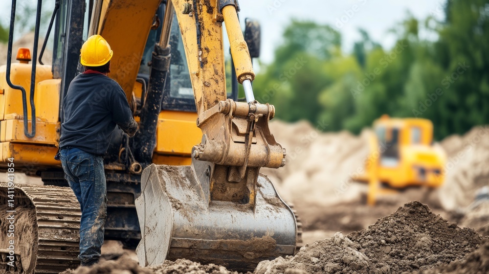 Fototapeta premium A laborer operating an excavator at a construction site. Featuring power and focus