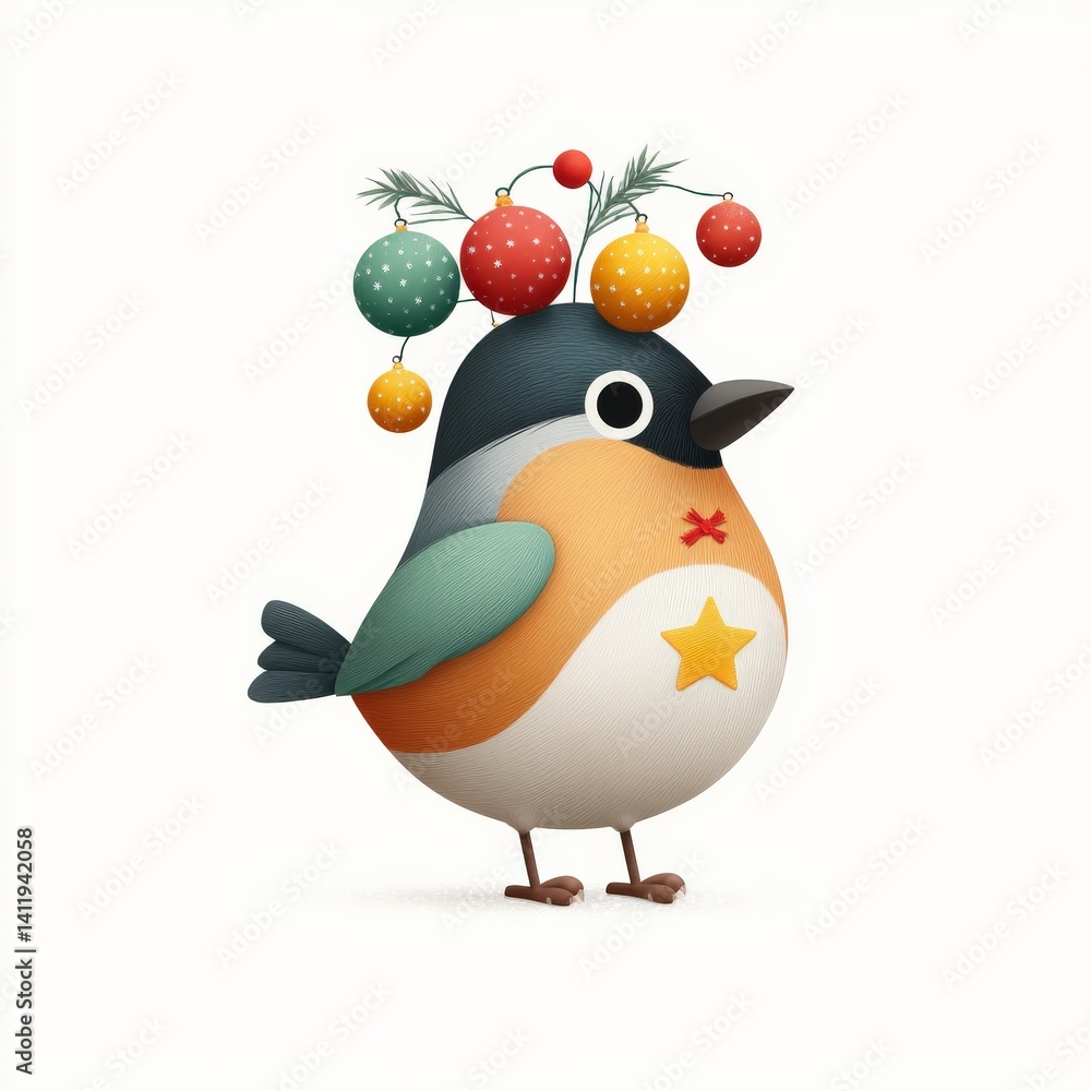 Obraz premium Festive bullfinch bird with Christmas baubles and golden star detail, cartoon red-breasted character in holiday colors, minimal white background. Vector Design, Isolated..