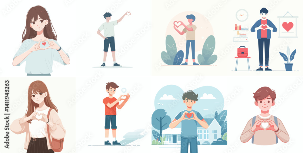 Vector flat design white background. Cartoon Characters Making Heart Shapes with Hands
Vector flat design white background. Cartoon Characters Making Heart Shapes with Hands