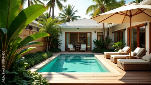 Wallpaper Mural Inviting pool area with a cozy lounge chair and stylish umbrella surrounded by lush tropics for ultimate relaxation Torontodigital.ca