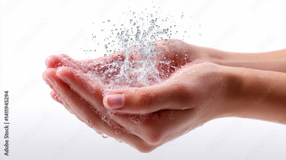 Fototapeta premium Clean hands hold a splash of refreshing water, demonstrating cleanliness and hydration against a bright white background. The image is perfect for health or wellness concepts.