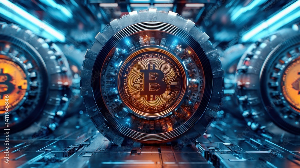 Fototapeta premium A close-up showcases an abstract digital illustration featuring bitcoin within a futuristic technological setting, conveying modern finance.