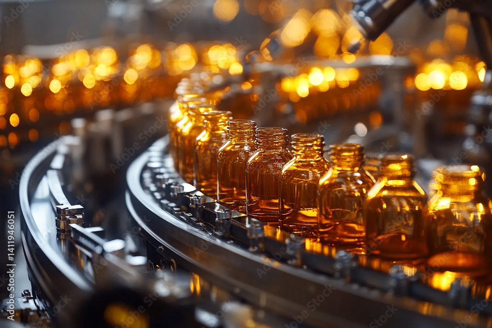 Amber bottles moving on a factory conveyor belt industrial production line Amber bottles moving on a factory conveyor belt industrial production line